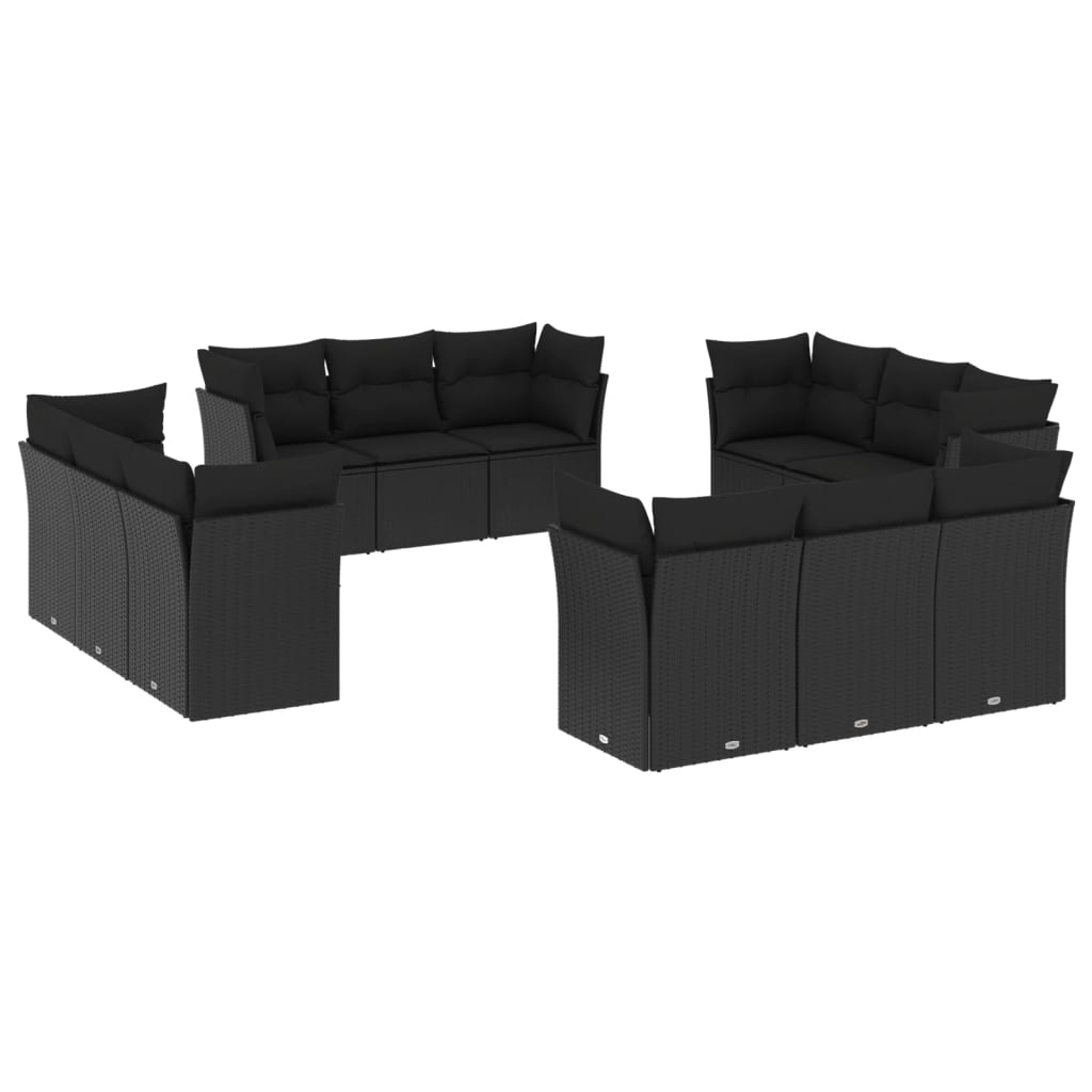 12-delige Loungeset met kussens poly rattan zwart