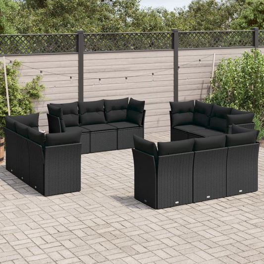 12-delige Loungeset met kussens poly rattan zwart