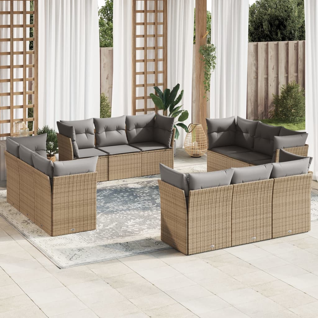 12-delige Loungeset met kussens poly rattan beige