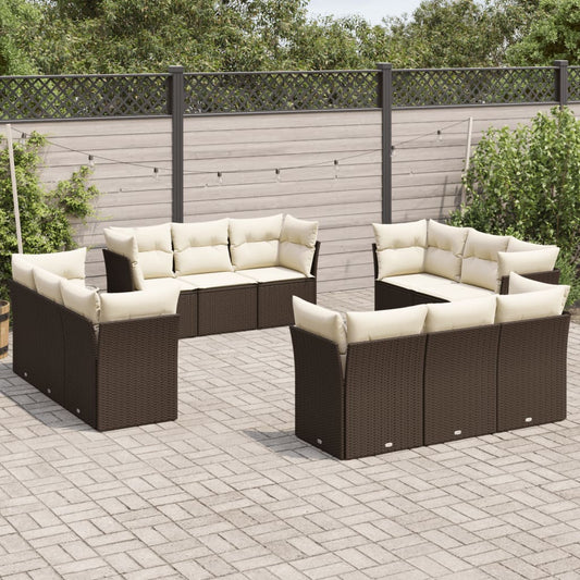 12-delige Loungeset met kussens poly rattan bruin