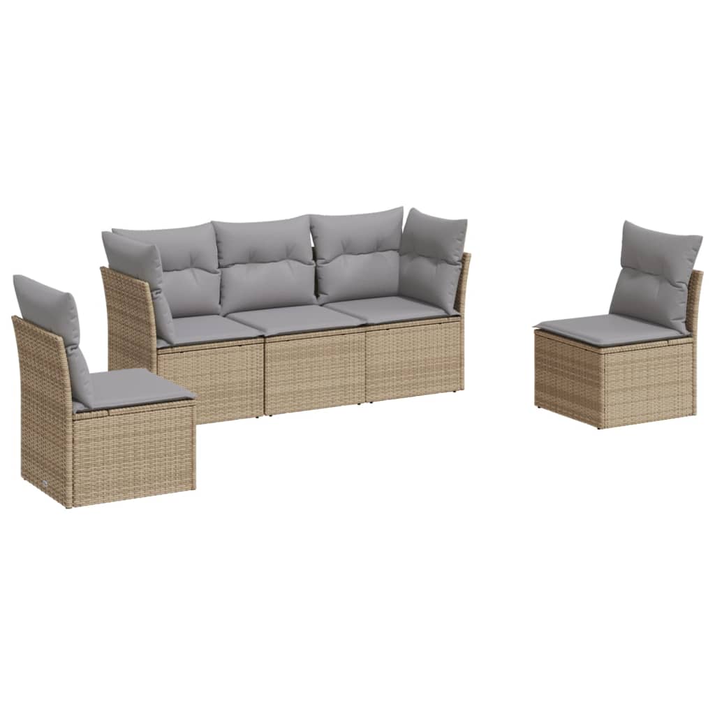 5-delige Loungeset met kussens poly rattan beige