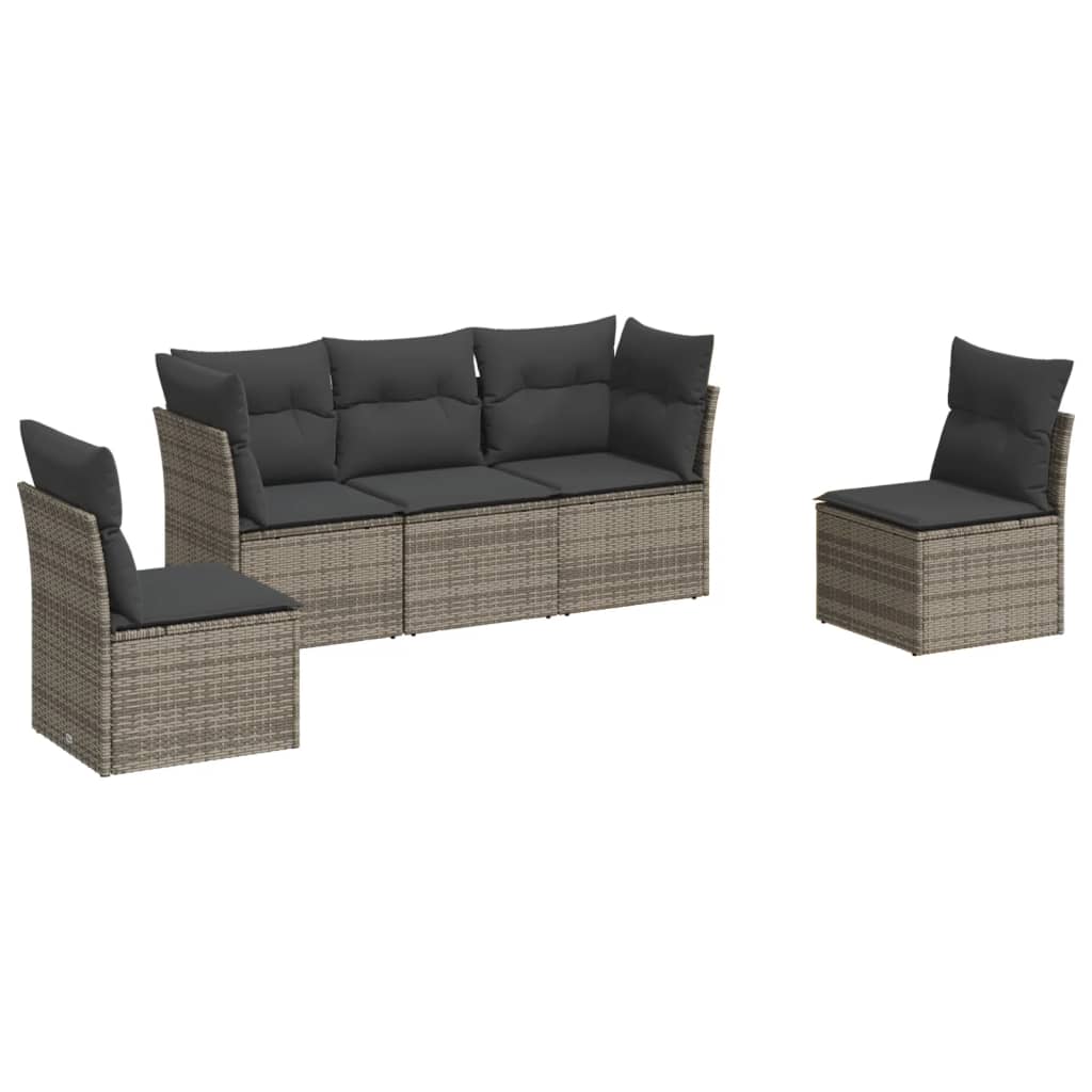 5-delige Loungeset met kussens poly rattan grijs