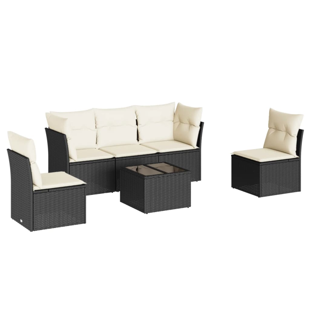 6-delige Loungeset met kussens poly rattan zwart