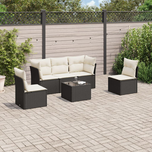 6-delige Loungeset met kussens poly rattan zwart