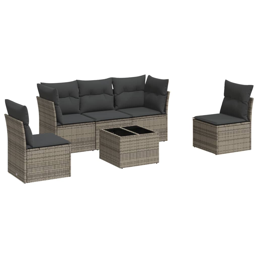 6-delige Loungeset met kussens poly rattan grijs