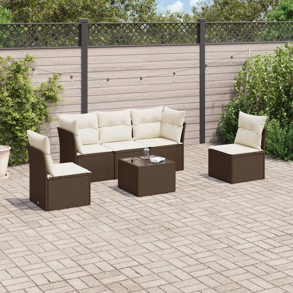 6-delige Loungeset met kussens poly rattan bruin