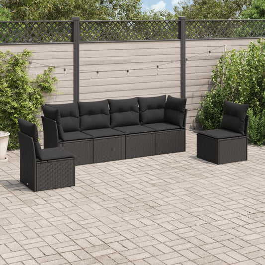 6-delige Loungeset met kussens poly rattan zwart