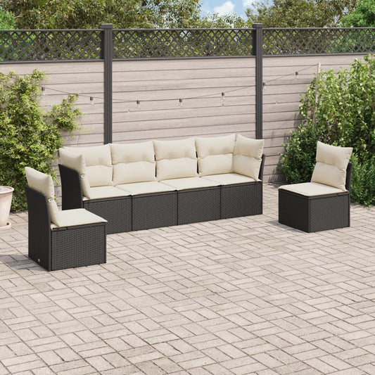 6-delige Loungeset met kussens poly rattan zwart