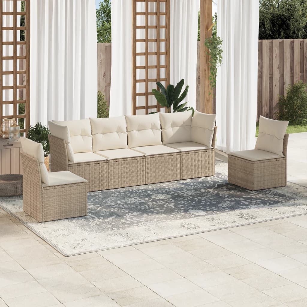 6-delige Loungeset met kussens poly rattan beige