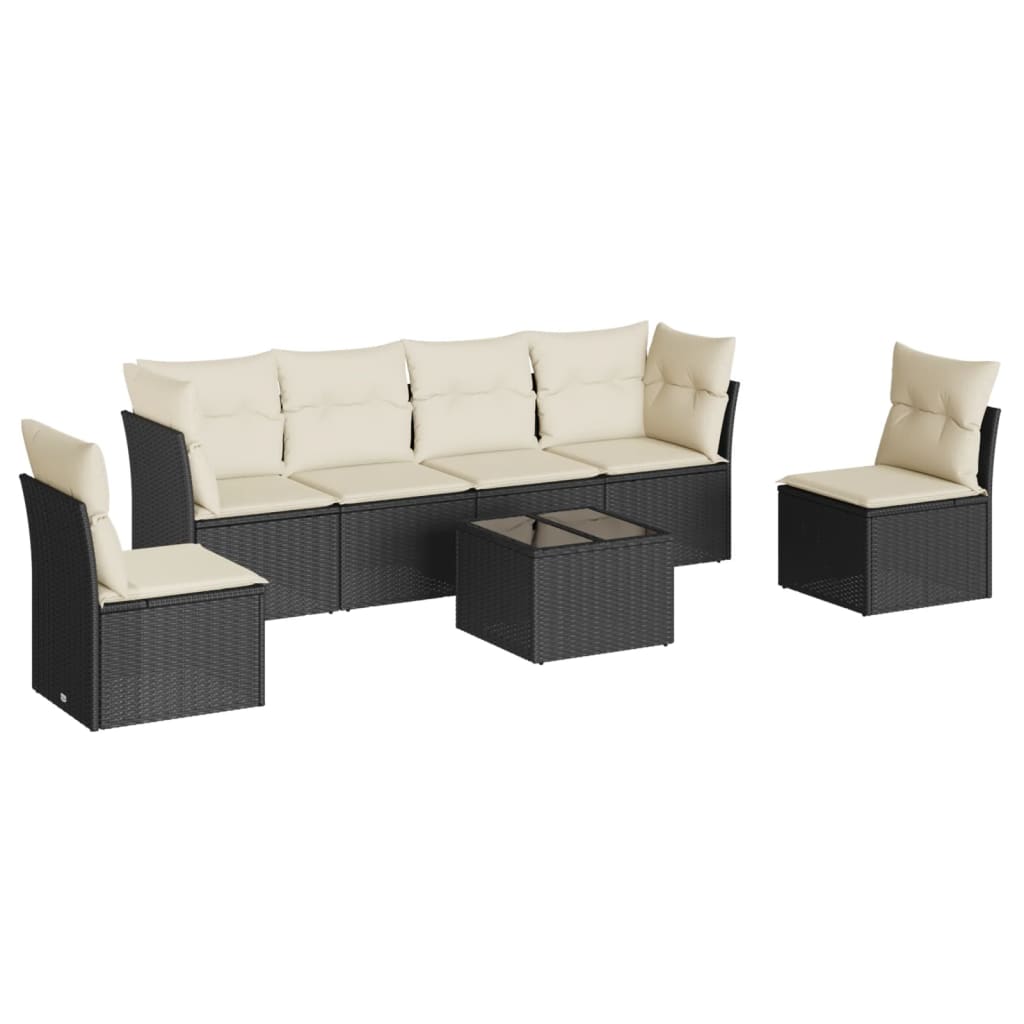 7-delige Loungeset met kussens poly rattan zwart