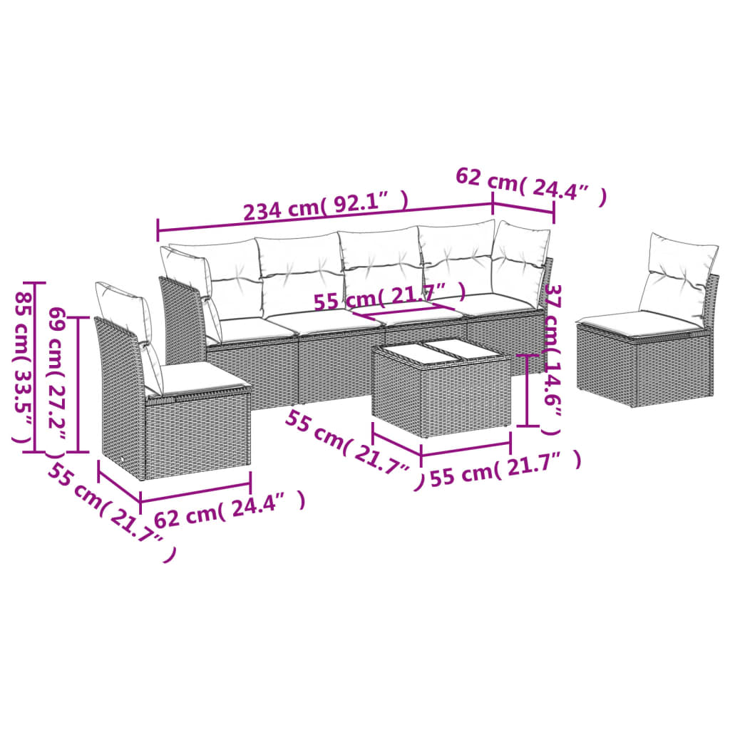 7-delige Loungeset met kussens poly rattan zwart