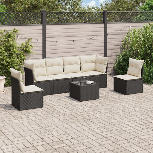 7-delige Loungeset met kussens poly rattan zwart