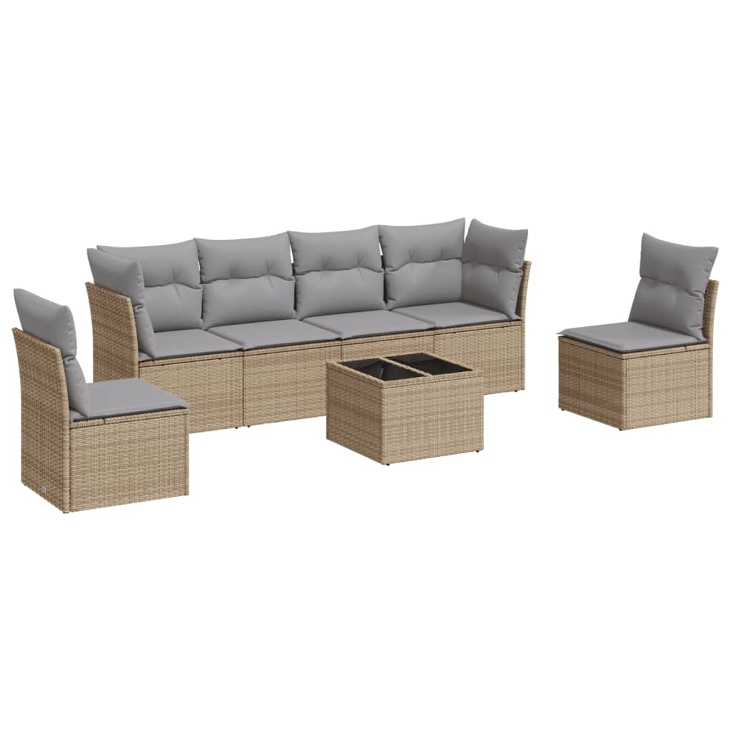 7-delige Loungeset met kussens poly rattan beige