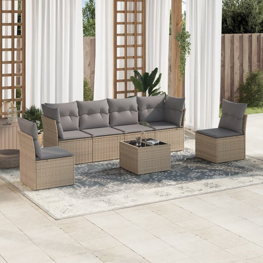 7-delige Loungeset met kussens poly rattan beige