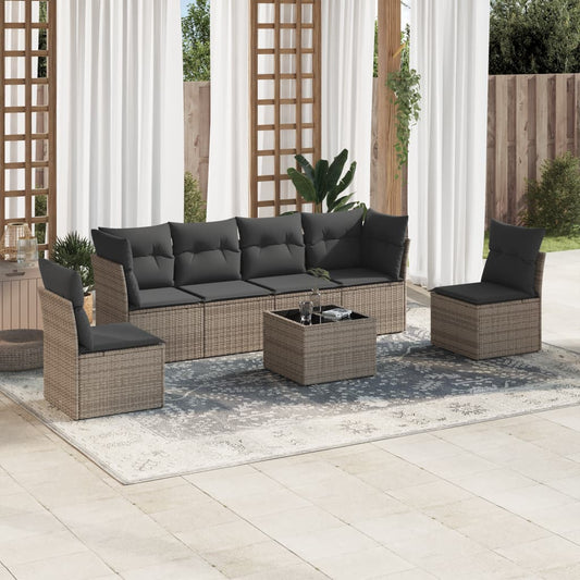 7-delige Loungeset met kussens poly rattan grijs