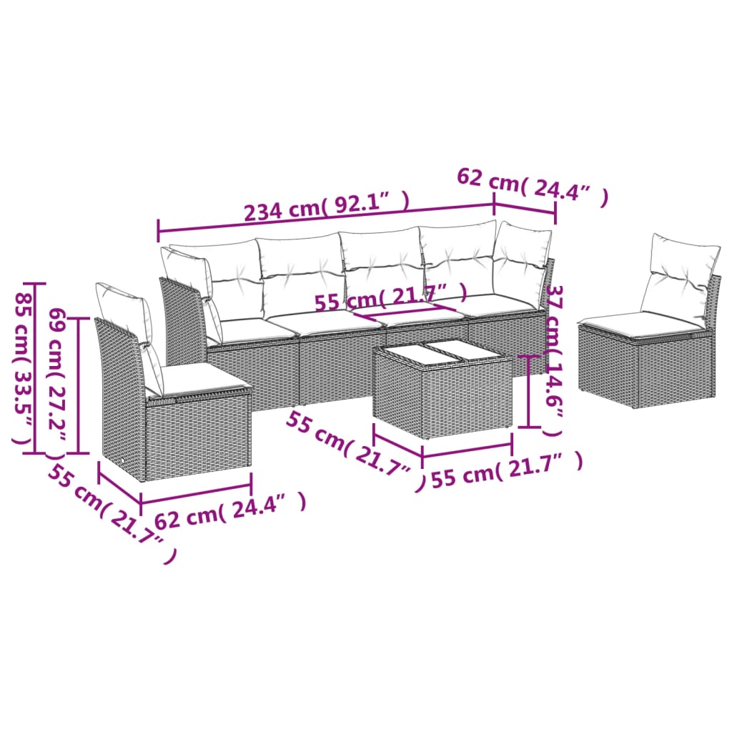 7-delige Loungeset met kussens poly rattan lichtgrijs