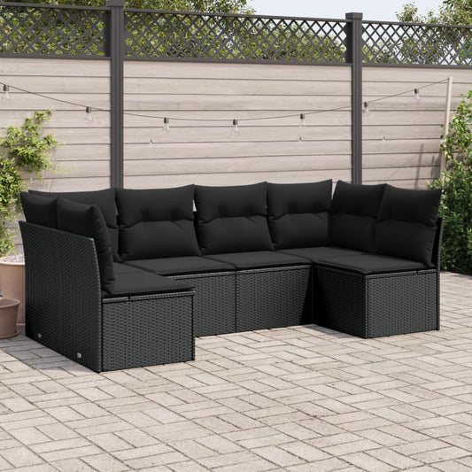 6-delige Loungeset met kussens poly rattan zwart