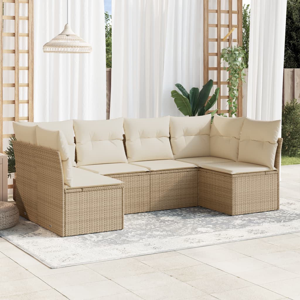 6-delige Loungeset met kussens poly rattan beige