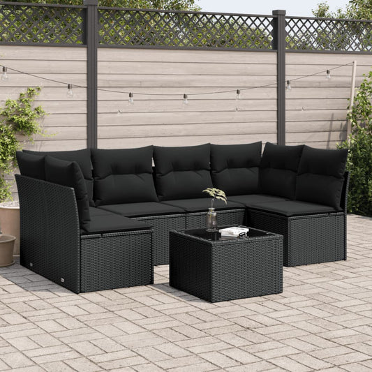 7-delige Loungeset met kussens poly rattan zwart