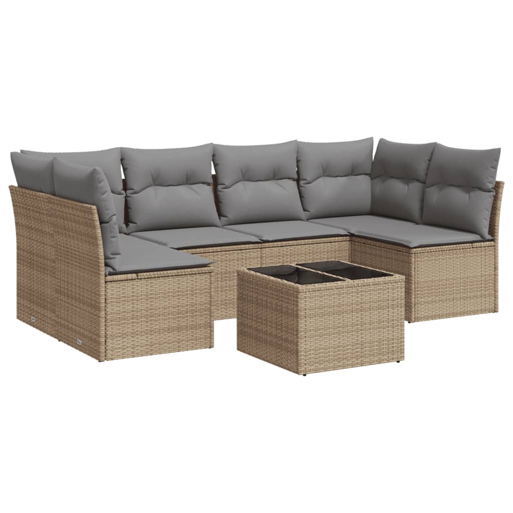 7-delige Loungeset met kussens poly rattan beige