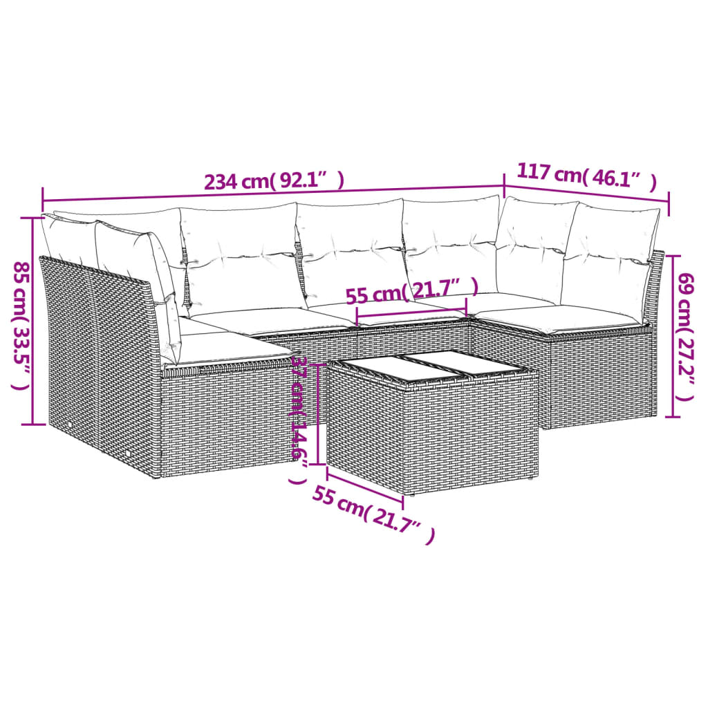 7-delige Loungeset met kussens poly rattan beige