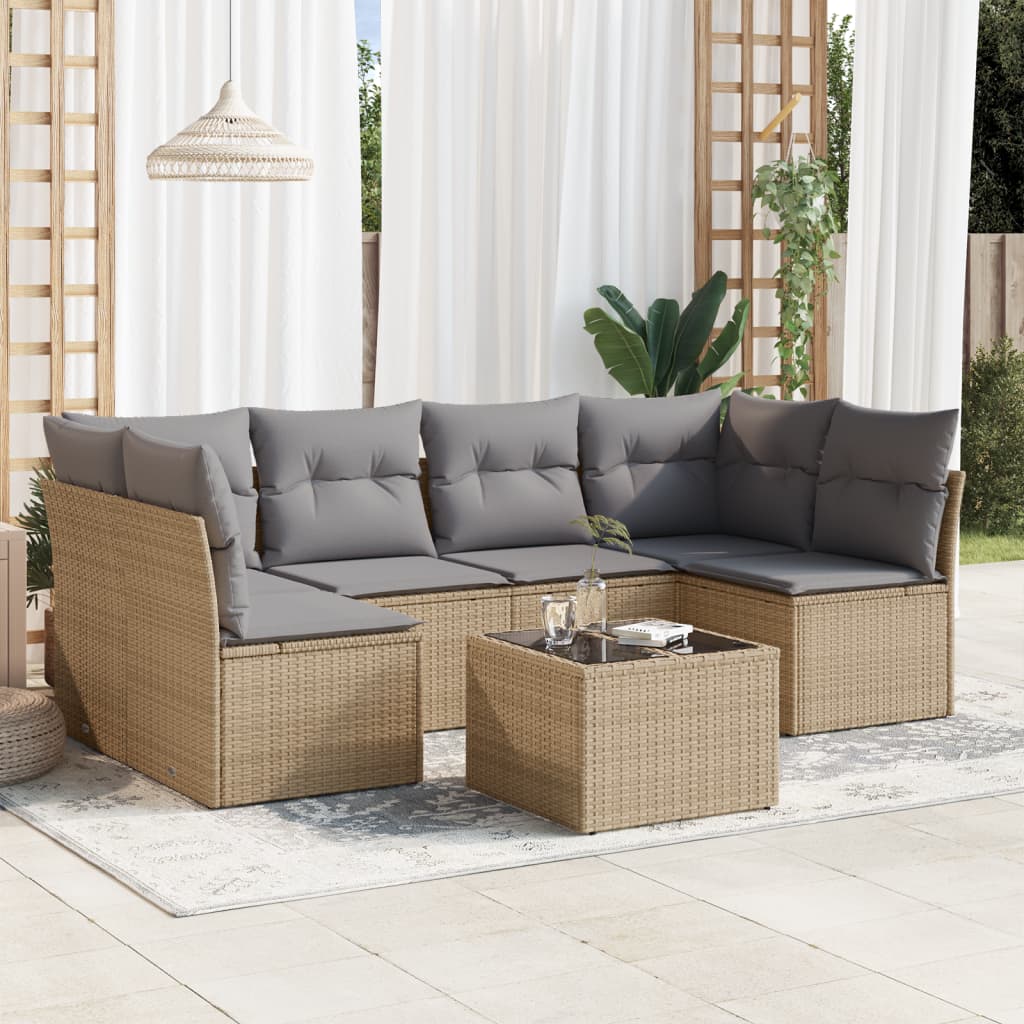 7-delige Loungeset met kussens poly rattan beige