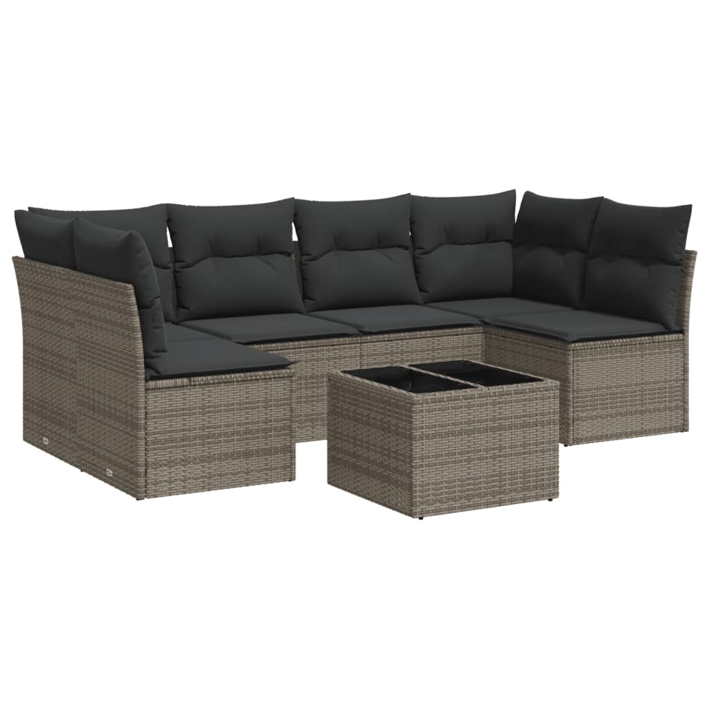 7-delige Loungeset met kussens poly rattan grijs