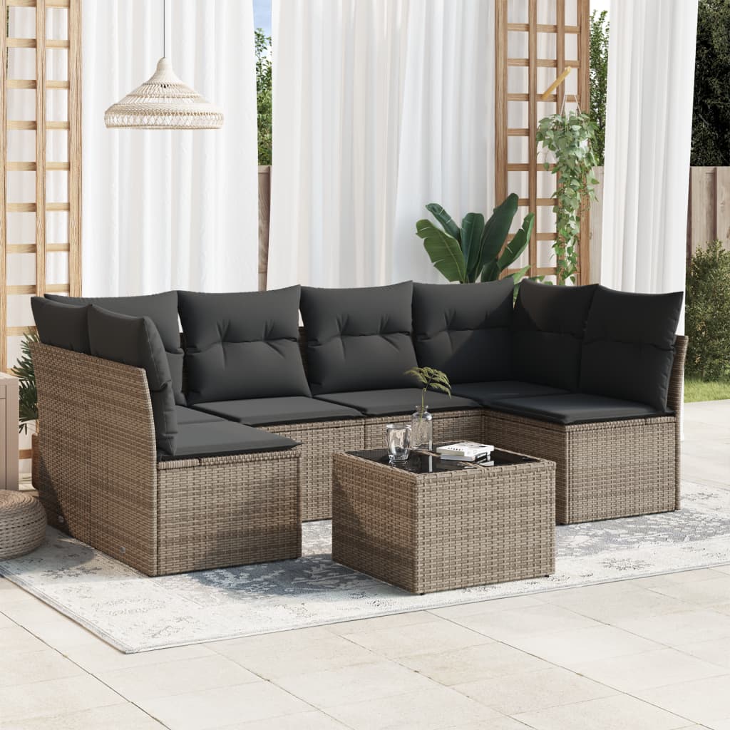 7-delige Loungeset met kussens poly rattan grijs