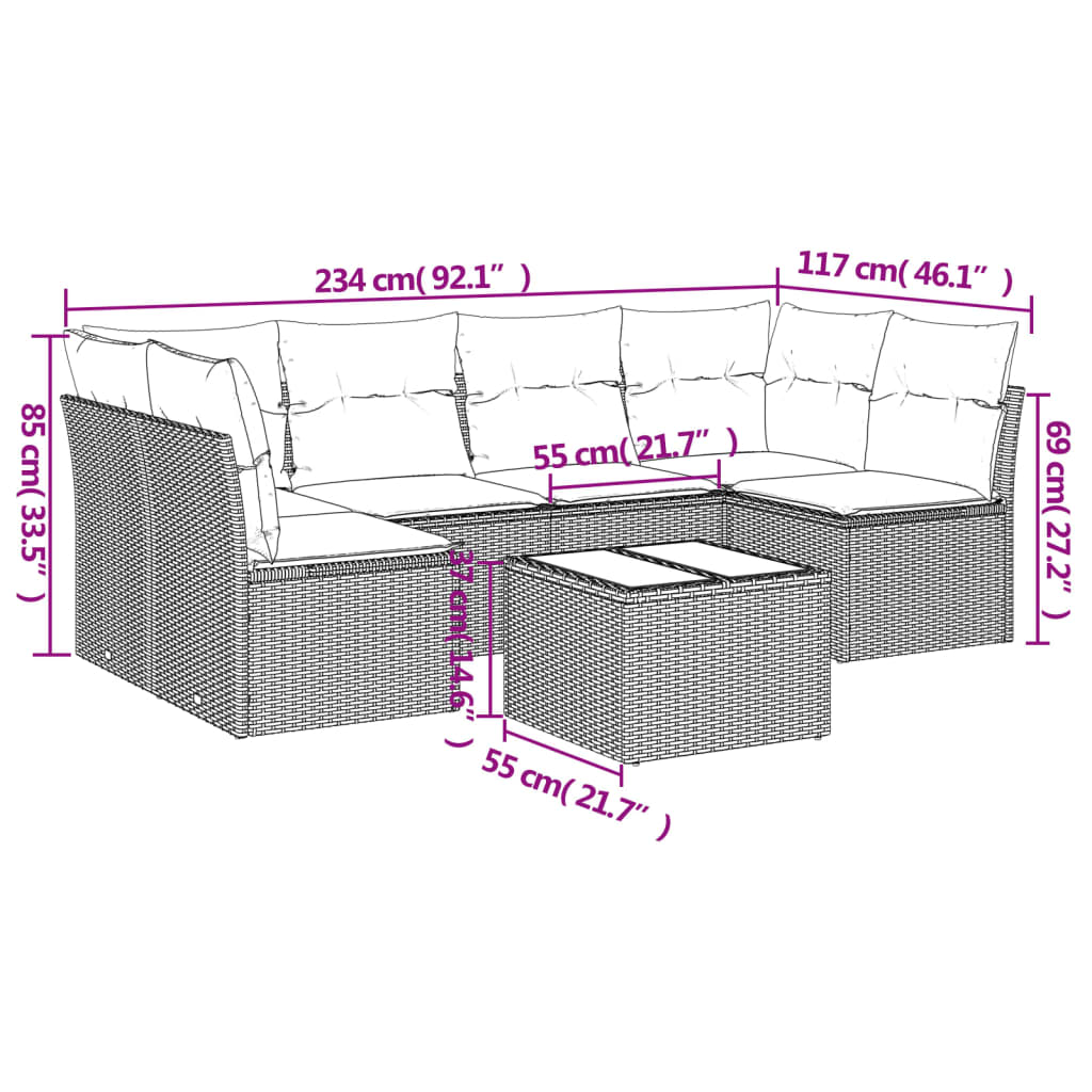 7-delige Loungeset met kussens poly rattan bruin