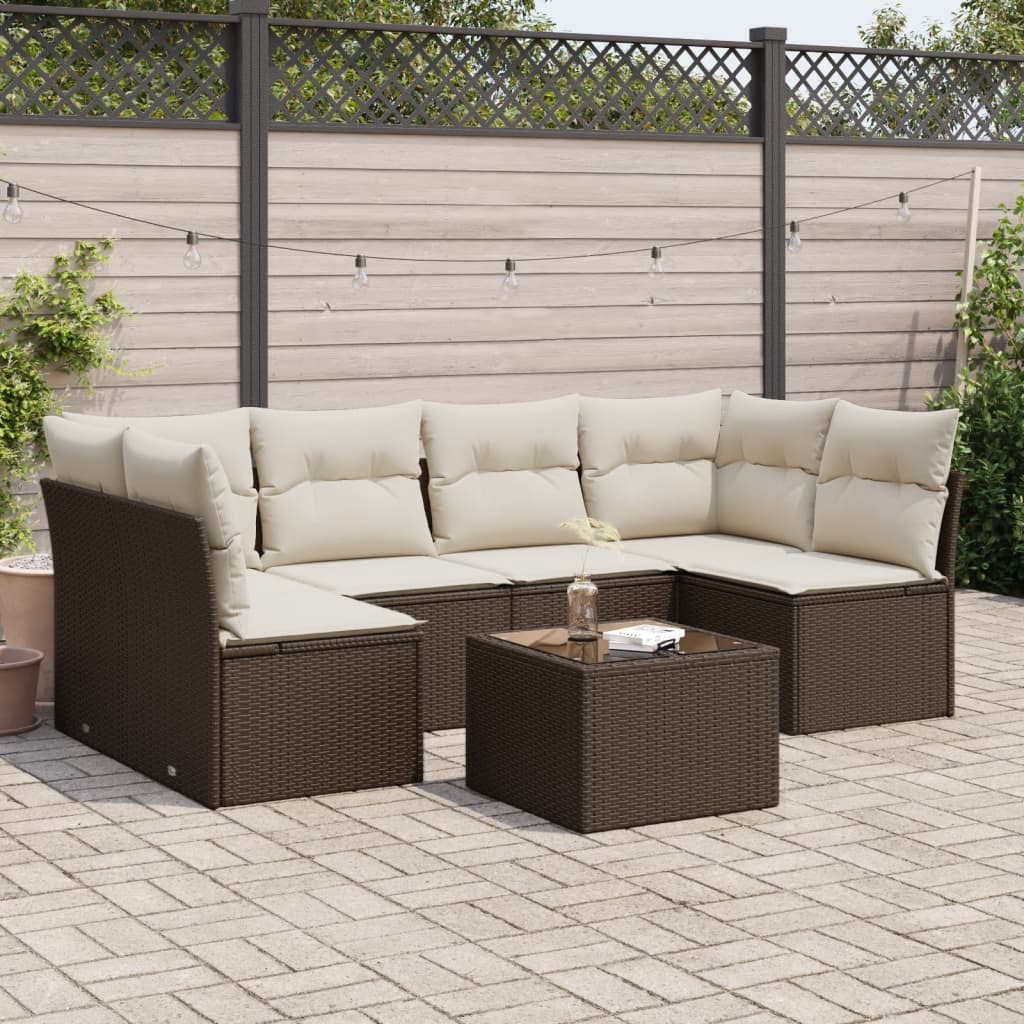 7-delige Loungeset met kussens poly rattan bruin