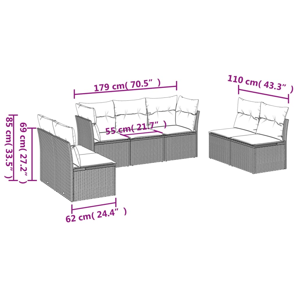 7-delige Loungeset met kussens poly rattan beige