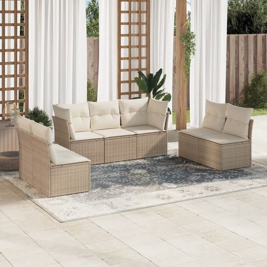 7-delige Loungeset met kussens poly rattan beige