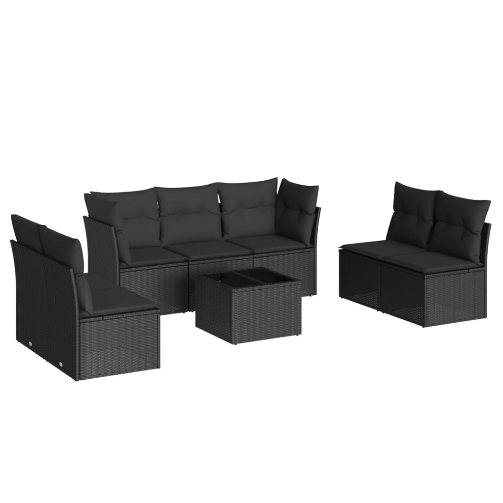 8-delige Loungeset met kussens poly rattan zwart