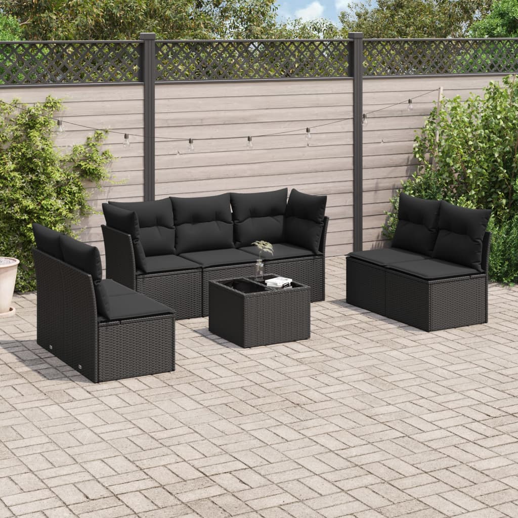 8-delige Loungeset met kussens poly rattan zwart