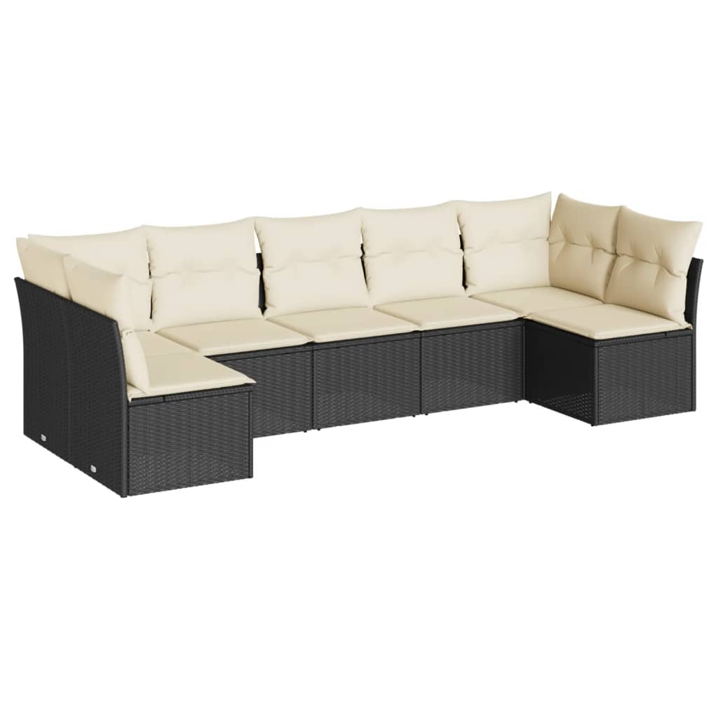 7-delige Loungeset met kussens poly rattan zwart