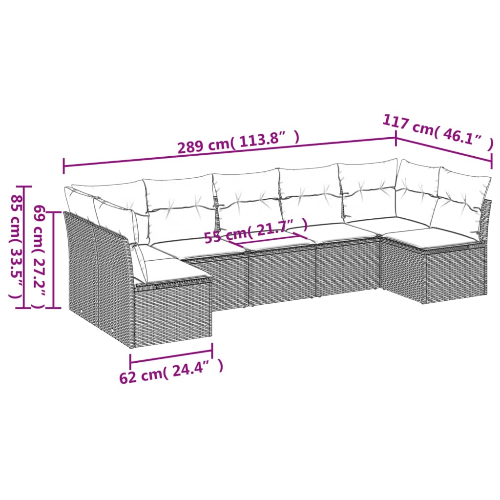 7-delige Loungeset met kussens poly rattan zwart