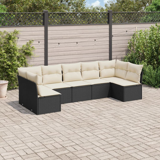 7-delige Loungeset met kussens poly rattan zwart