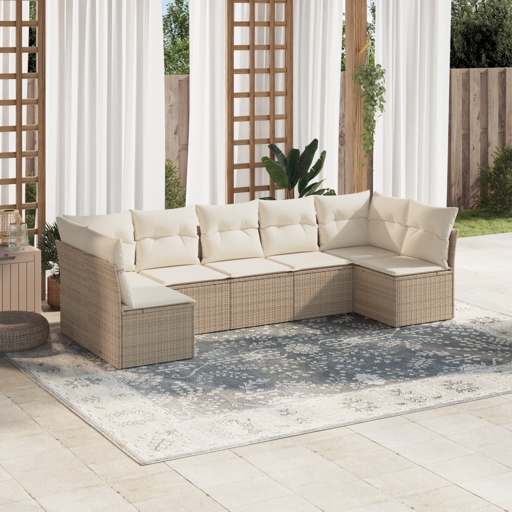 7-delige Loungeset met kussens poly rattan beige