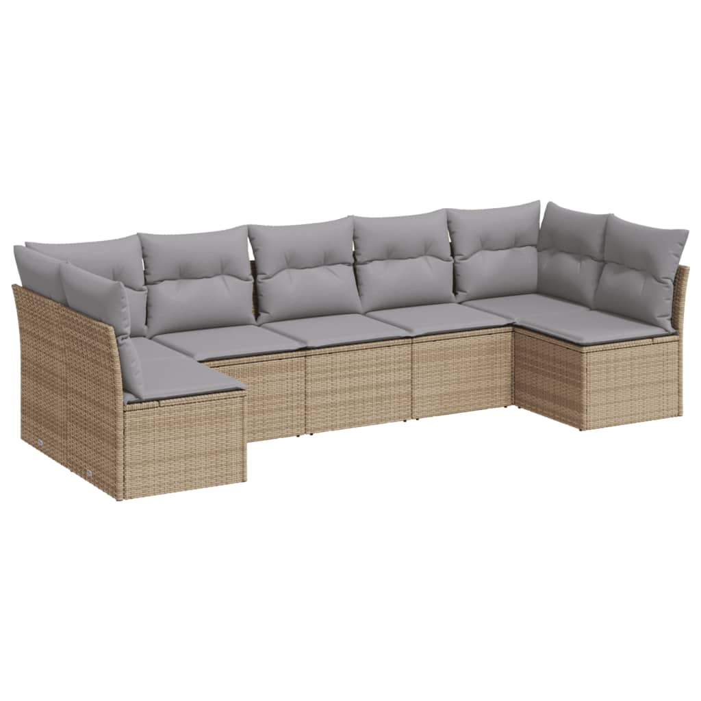 7-delige Loungeset met kussens poly rattan beige