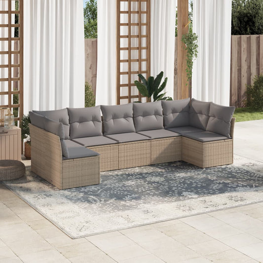 7-delige Loungeset met kussens poly rattan beige