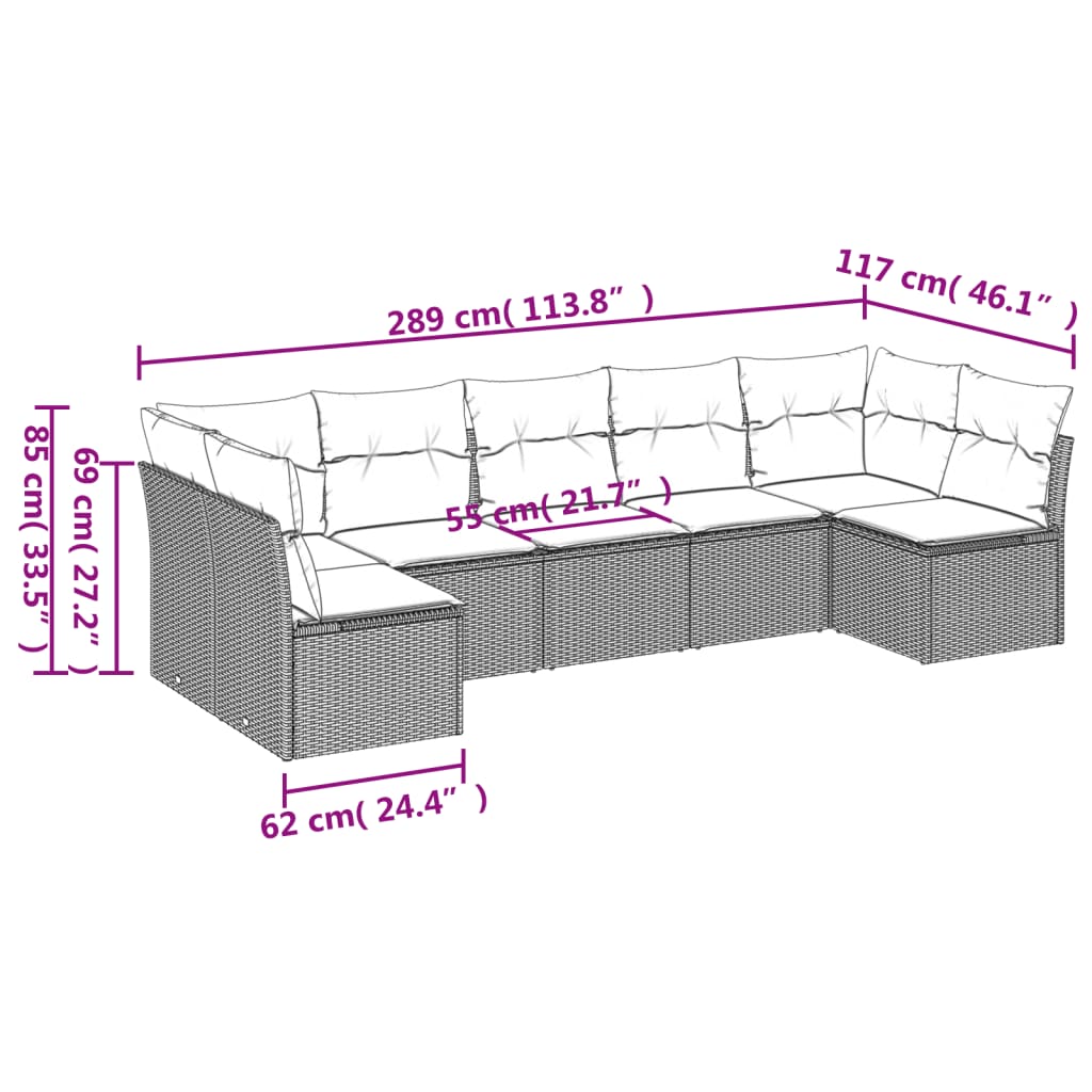 7-delige Loungeset met kussens poly rattan grijs