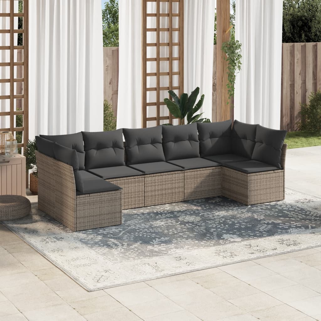 7-delige Loungeset met kussens poly rattan grijs