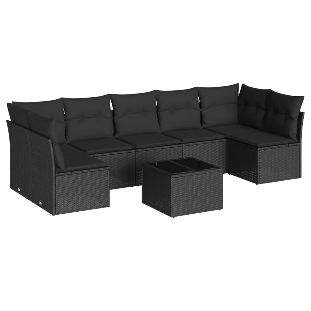 8-delige Loungeset met kussens poly rattan zwart