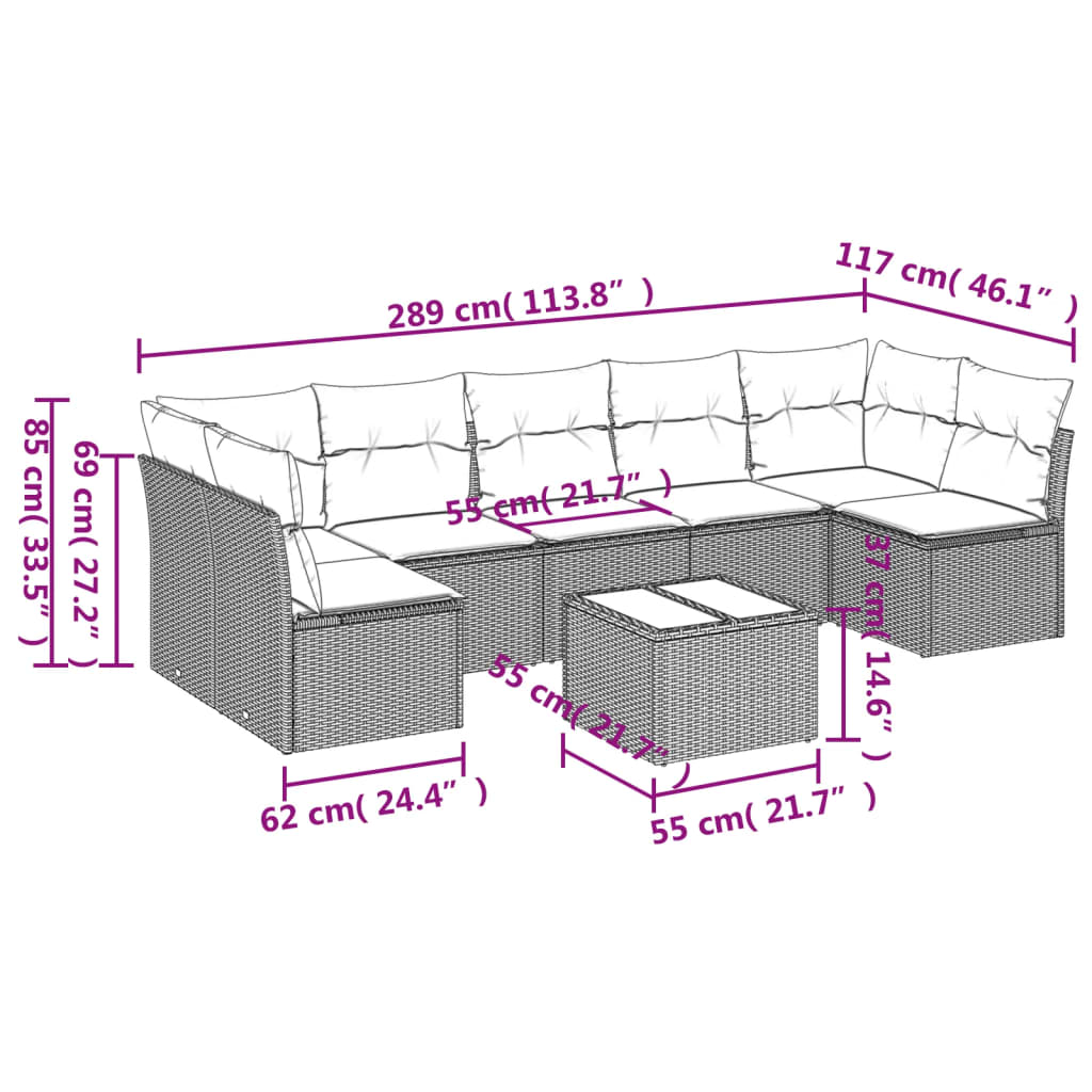 8-delige Loungeset met kussens poly rattan zwart