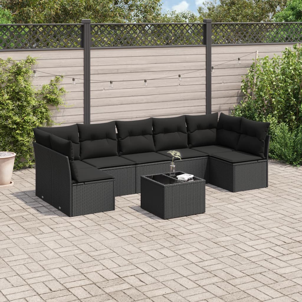 8-delige Loungeset met kussens poly rattan zwart