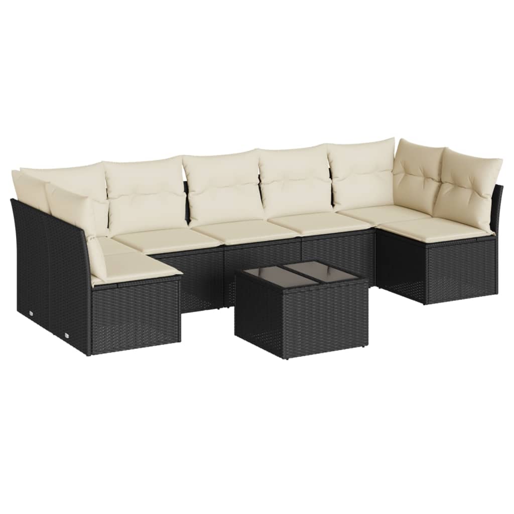 8-delige Loungeset met kussens poly rattan zwart