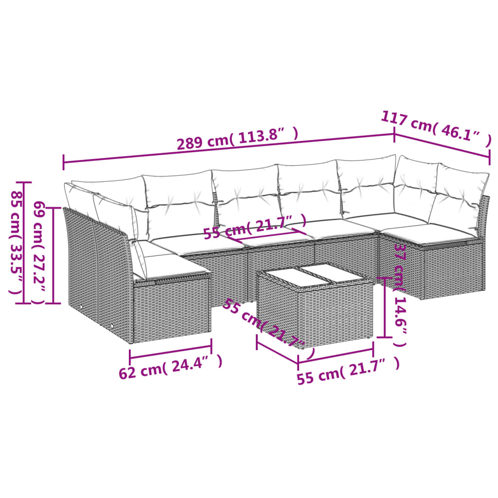 8-delige Loungeset met kussens poly rattan zwart