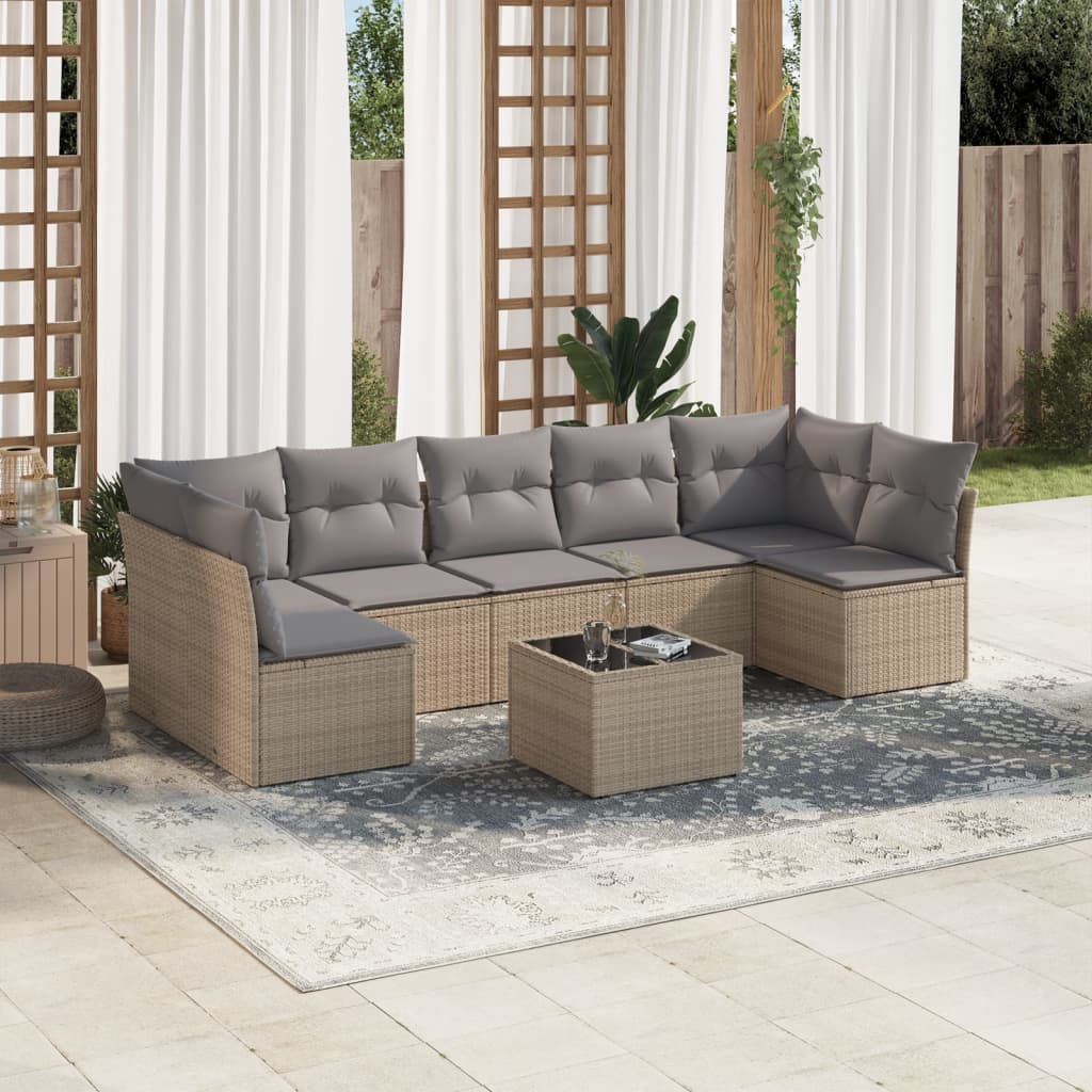 8-delige Loungeset met kussens poly rattan beige