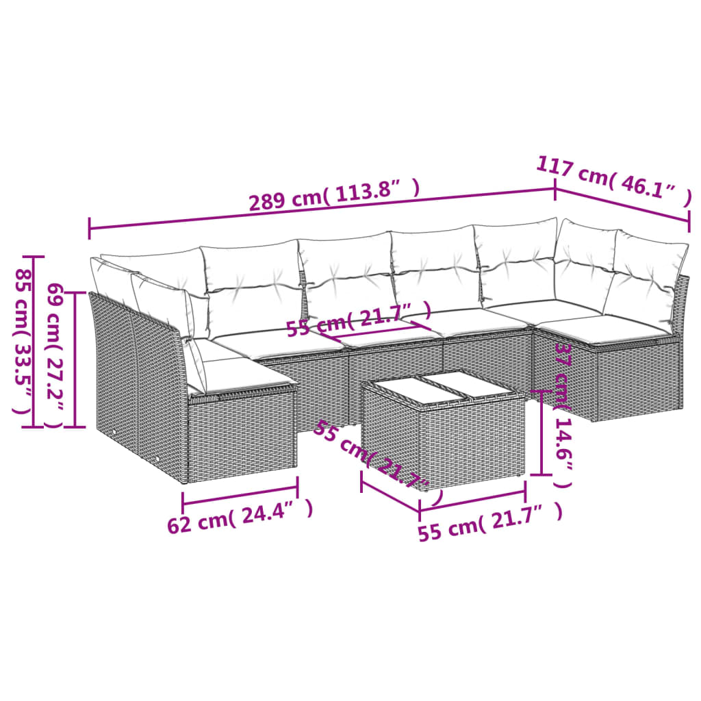 8-delige Loungeset met kussens poly rattan bruin