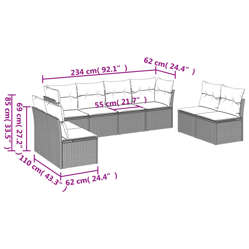 8-delige Loungeset met kussens poly rattan zwart